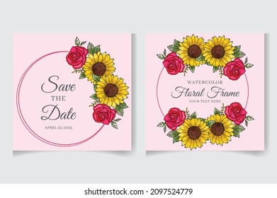 Wedding invitation card template with watercolor flowers, leaves. Elegant wedding cards, Floral Frame design , vector isolated and editable, square flyer, save the date, hand drawn Greeting Card.