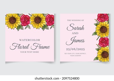 Wedding invitation card template with watercolor flowers, leaves. Elegant wedding cards, Floral Frame design , vector isolated and editable, square flyer, save the date, hand drawn Greeting Card.