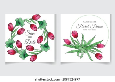 Wedding invitation card template with watercolor flowers, leaves. Elegant wedding cards, Floral Frame design , vector isolated and editable, square flyer, save the date, hand drawn Greeting Card.