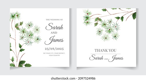 Wedding invitation card template with watercolor flowers, leaves. Elegant wedding cards, Floral Frame design , vector isolated and editable, square flyer, save the date, hand drawn Greeting Card.