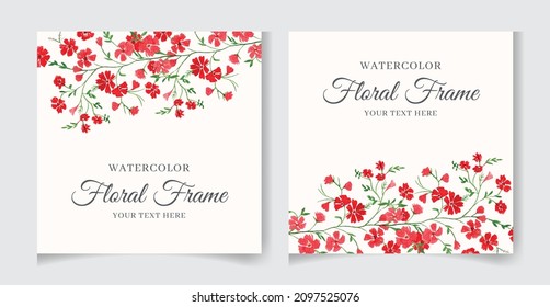 Wedding invitation card template with watercolor flowers, leaves. Elegant wedding cards, Floral Frame design , vector isolated and editable, square flyer, save the date, hand drawn Greeting Card.
