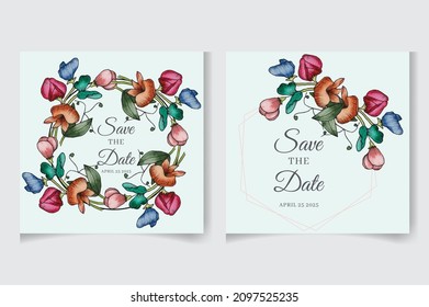 Wedding invitation card template with watercolor flowers, leaves. Elegant wedding cards, Floral Frame design , vector isolated and editable, square flyer, save the date, hand drawn Greeting Card.