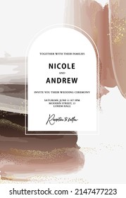 Wedding invitation card template Watercolor ink  with gold splashes , bridal card earthy tone abstract design background 