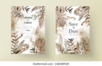 Wedding Invitation Card Template With Watercolor Brown Leaves