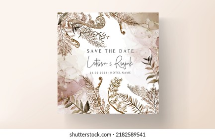 Wedding Invitation Card Template With Watercolor Brown Leaves