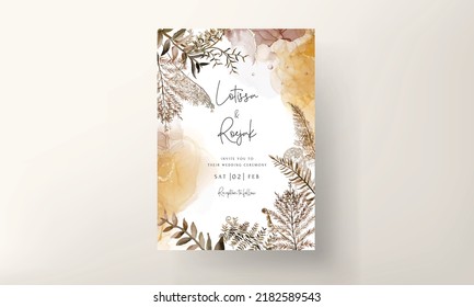 Wedding Invitation Card Template With Watercolor Brown Leaves