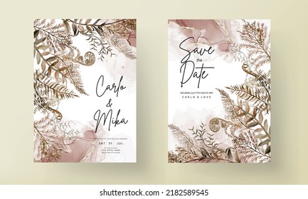 Wedding Invitation Card Template With Watercolor Brown Leaves