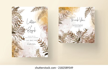 Wedding Invitation Card Template With Watercolor Brown Leaves