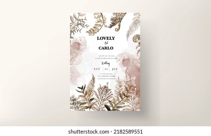 Wedding Invitation Card Template With Watercolor Brown Leaves