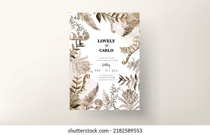 Wedding Invitation Card Template With Watercolor Brown Leaves