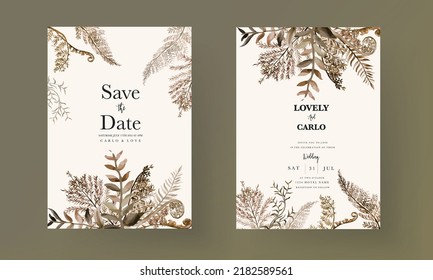 wedding invitation card template with watercolor brown leaves
