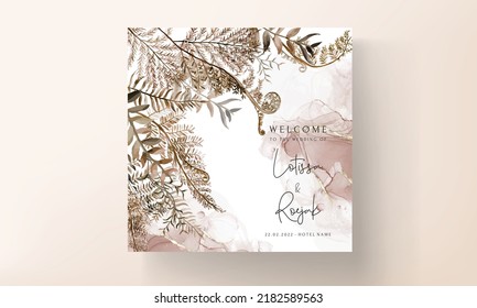 wedding invitation card template with watercolor brown leaves