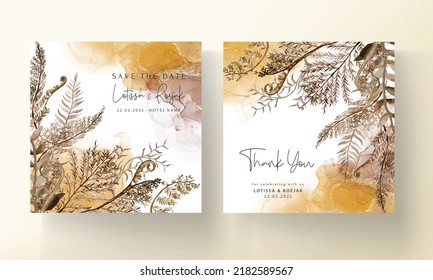 wedding invitation card template with watercolor brown leaves