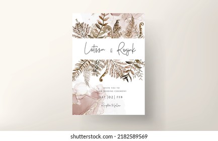 Wedding Invitation Card Template With Watercolor Brown Leaves