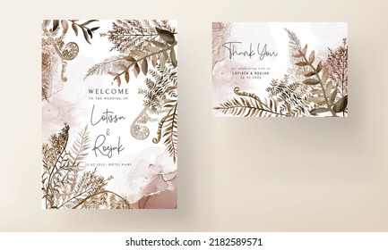 Wedding Invitation Card Template With Watercolor Brown Leaves