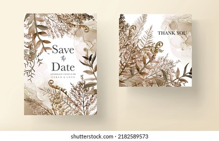 Wedding Invitation Card Template With Watercolor Brown Leaves