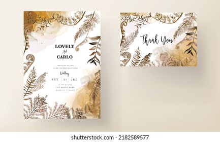 Wedding Invitation Card Template With Watercolor Brown Leaves