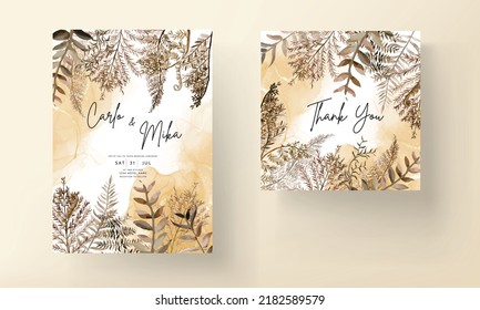 Wedding Invitation Card Template With Watercolor Brown Leaves