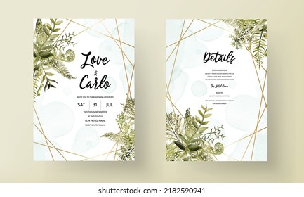 wedding invitation card template with watercolor leaves