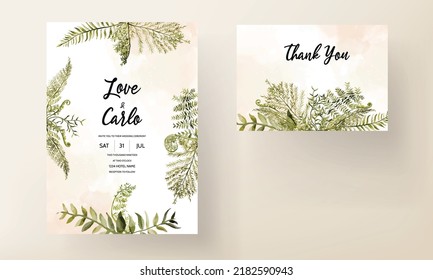 wedding invitation card template with watercolor leaves