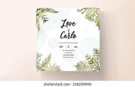 wedding invitation card template with watercolor leaves
