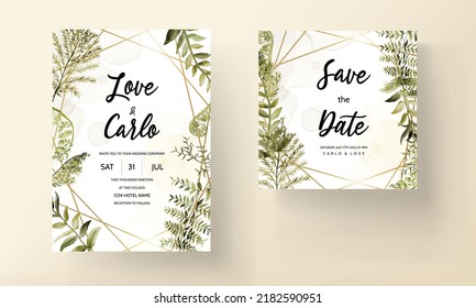 wedding invitation card template with watercolor leaves