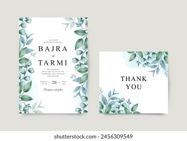 Wedding invitation card template with watercolor leaves