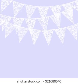 Wedding Invitation Card Template With White Lace Bunting And Chandelier On Violet Background