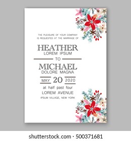 Wedding invitation card template with winter bridal bouquet Poinsettia Christmas Party invitation wreath poinsettia, pine branch fir tree, needle, flower bouquet Bridal shower invitation