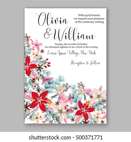 Wedding invitation card template with winter bridal bouquet Poinsettia Christmas Party invitation wreath poinsettia, pine branch fir tree, needle, flower bouquet Bridal shower invitation