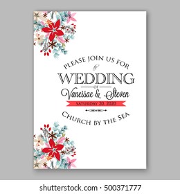 Wedding invitation card template with winter bridal bouquet Poinsettia Christmas Party invitation wreath poinsettia, pine branch fir tree, needle, flower bouquet Bridal shower invitation