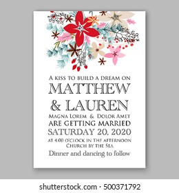 Wedding invitation card template with winter bridal bouquet Poinsettia Christmas Party invitation wreath poinsettia, pine branch fir tree, needle, flower bouquet Bridal shower invitation