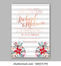 Wedding invitation card template with winter bridal bouquet Poinsettia Christmas Party invitation wreath poinsettia, pine branch fir tree, needle, flower bouquet Bridal shower invitation