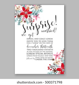 Wedding invitation card template with winter bridal bouquet Poinsettia Christmas Party invitation wreath poinsettia, pine branch fir tree, needle, flower bouquet Bridal shower invitation