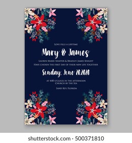 Wedding invitation card template with winter bridal bouquet Poinsettia Christmas Party invitation wreath poinsettia, pine branch fir tree, needle, flower bouquet Bridal shower invitation