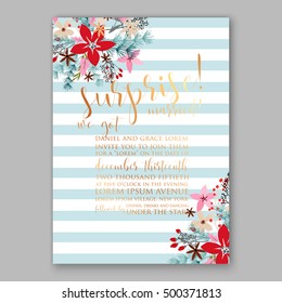 Wedding invitation card template with winter bridal bouquet Poinsettia Christmas Party invitation wreath poinsettia, pine branch fir tree, needle, flower bouquet Bridal shower invitation