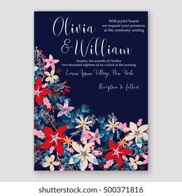 Wedding invitation card template with winter bridal bouquet Poinsettia Christmas Party invitation wreath poinsettia, pine branch fir tree, needle, flower bouquet Bridal shower invitation