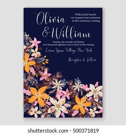 Wedding invitation card template with winter bridal bouquet Poinsettia Christmas Party invitation wreath poinsettia, pine branch fir tree, needle, flower bouquet Bridal shower invitation