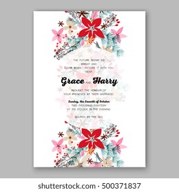 Wedding invitation card template with winter bridal bouquet Poinsettia Christmas Party invitation wreath poinsettia, pine branch fir tree, needle, flower bouquet Bridal shower invitation