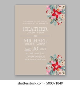 Wedding invitation card template with winter bridal bouquet Poinsettia Christmas Party invitation wreath poinsettia, pine branch fir tree, needle, flower bouquet Bridal shower invitation