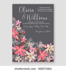 Wedding invitation card template with winter bridal bouquet Poinsettia Christmas Party invitation wreath poinsettia, pine branch fir tree, needle, flower bouquet Bridal shower invitation