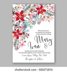 Wedding invitation card template with winter bridal bouquet Poinsettia Christmas Party invitation wreath poinsettia, pine branch fir tree, needle, flower bouquet Bridal shower invitation