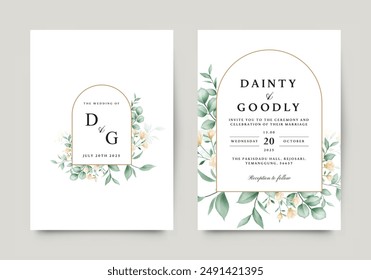 Wedding invitation card template with yellow flowers and green leaves