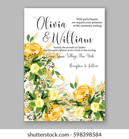 Wedding invitation card Template Yellow rose Floral  Printable Gold Bridal Shower Invitation Suite Boho Flower wreath 