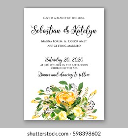 Wedding invitation card Template Yellow rose Floral  Printable Gold Bridal Shower Invitation Suite Boho Flower wreath 