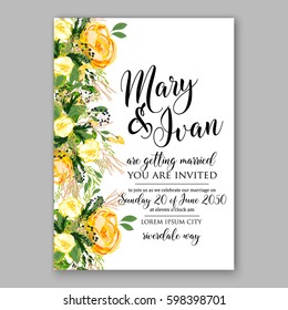 Wedding invitation card Template Yellow rose Floral  Printable Gold Bridal Shower Invitation Suite Boho Flower wreath 