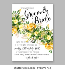 Wedding invitation card Template Yellow rose Floral  Printable Gold Bridal Shower Invitation Suite Boho Flower wreath 