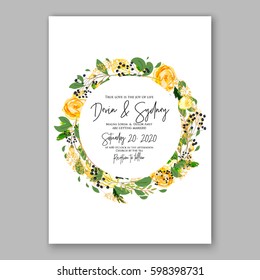 Wedding Invitation Card Template Yellow Rose Floral  Printable Gold Bridal Shower Invitation Suite Boho Flower Wreath 