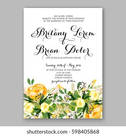 Wedding Invitation Card Template Yellow Rose Floral  Printable Gold Bridal Shower Invitation Suite Boho Flower Wreath 