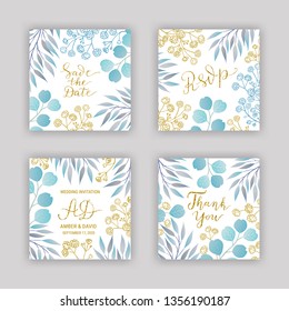 Wedding invitation card templates. Background of elegant blue eucalyptus, gypsophila branches. Save the date, Thank you hand-drawn lettering phrase. Golden glitter text. EPS 10 vector illustration.
